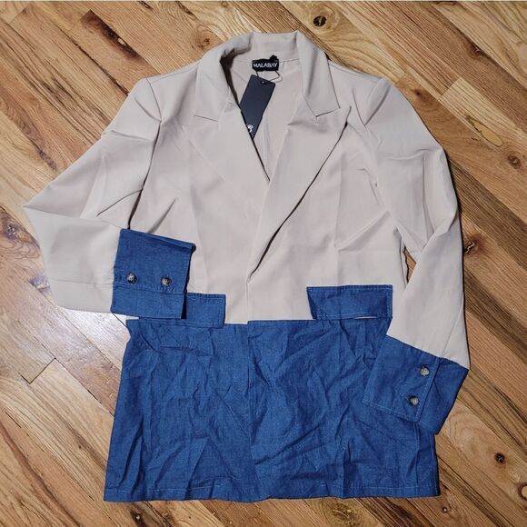NWT Malabay Marina Block Contrast Blazer Jacket Faux Denim Oversized - Picture 4 of 8